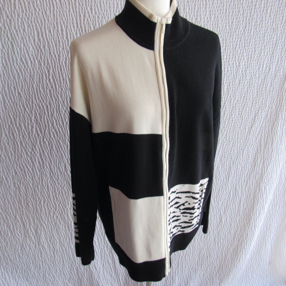Edinburgh Colorblock Black Ivory Sweater Cardigan Full Zip Pima Cotton Womens M
